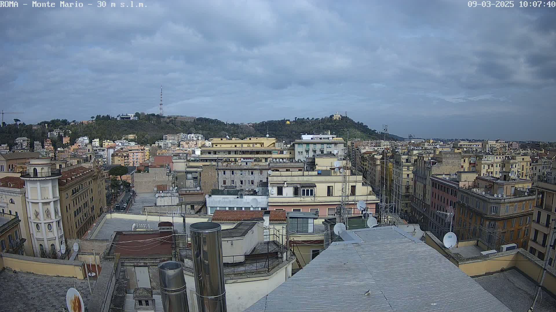 An overcast sky hangs over a cityscape of densely packed buildings, with a hill visible in the distance.