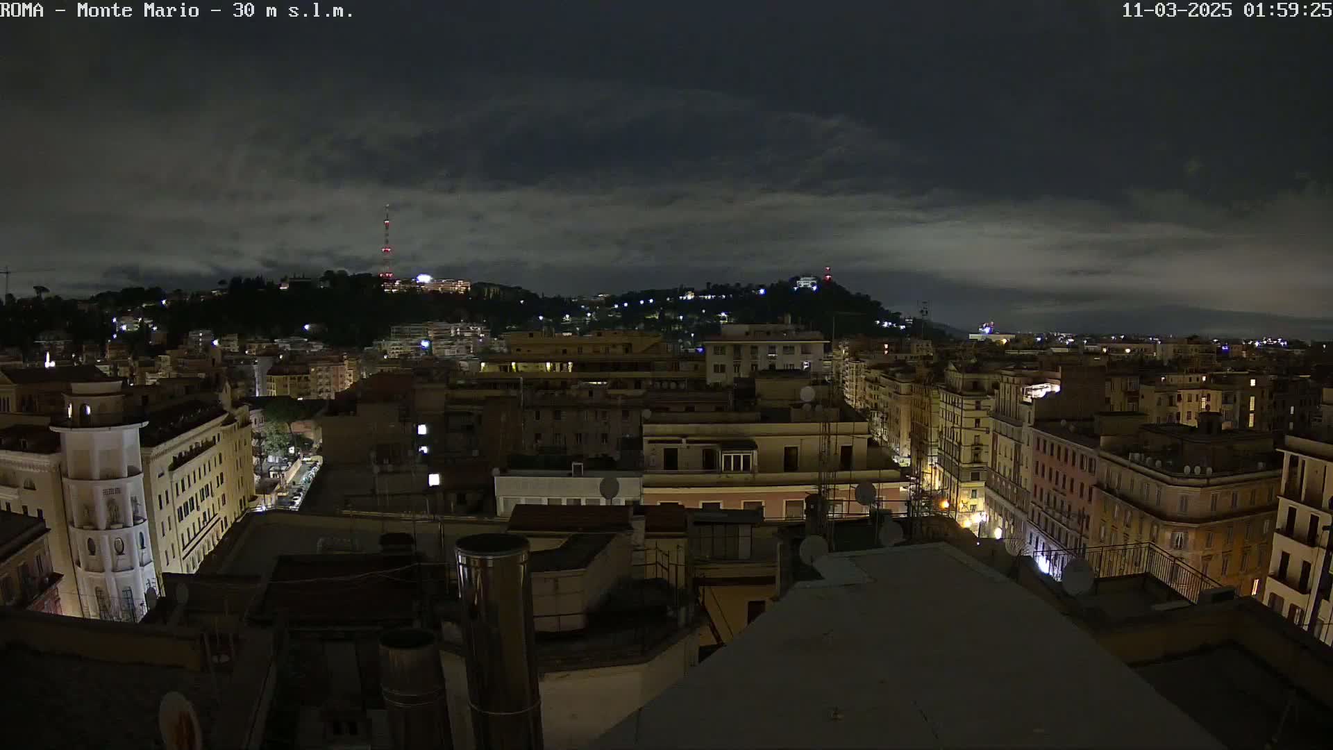 A nighttime view of a city with hills in the background under a cloudy sky.