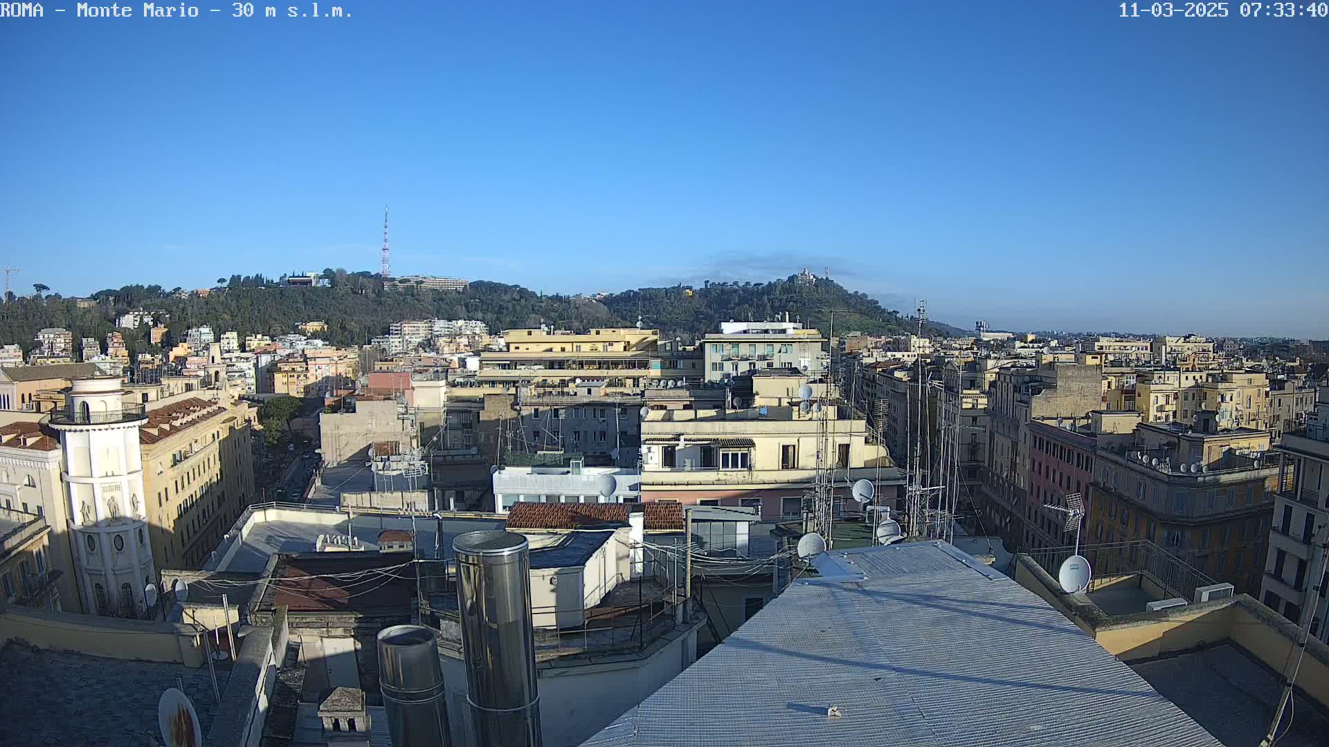 A rooftop view of a densely populated city under a clear blue sky, showing numerous buildings and a hill in the distance.