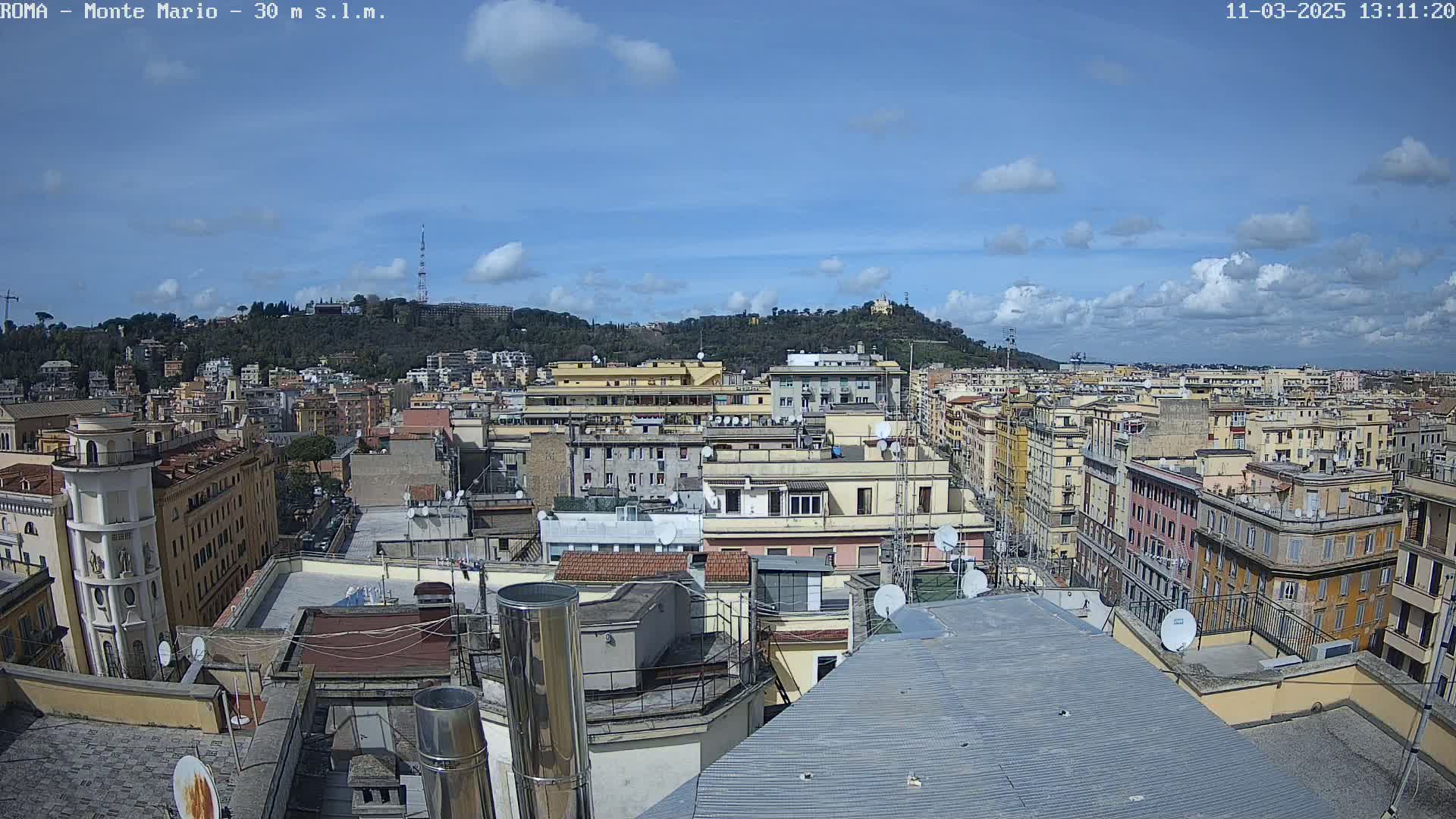 A partly cloudy day reveals a panoramic view of numerous buildings and rooftops, with a hill visible in the background.