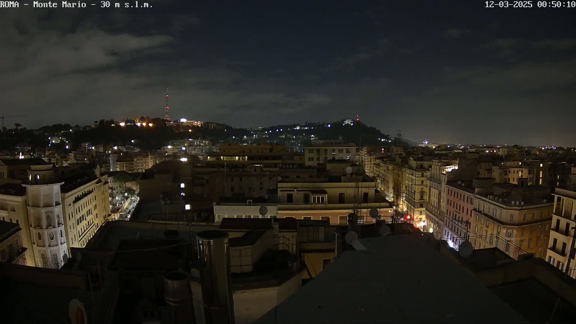 A nighttime cityscape view of a city with many buildings, illuminated by lights, under a partly cloudy sky.