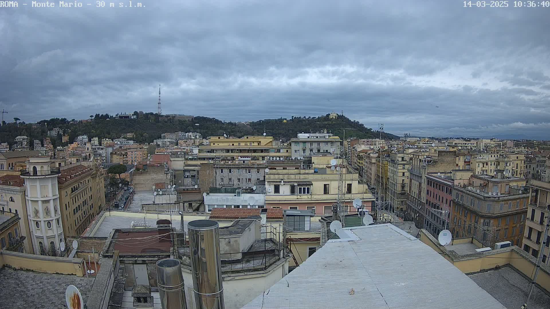 A cityscape under a cloudy sky shows numerous buildings, rooftops, and satellite dishes, with a hill in the background.