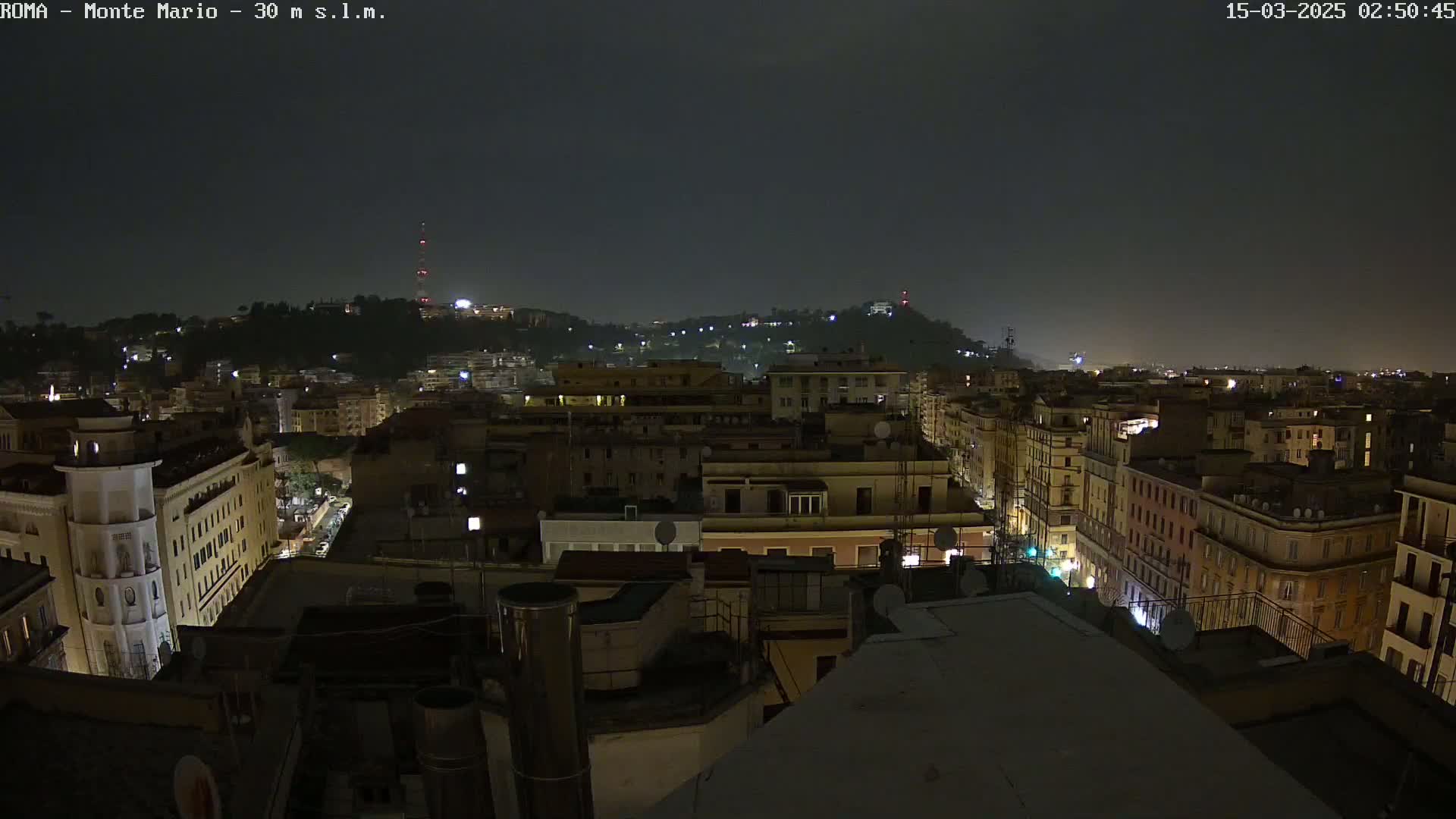 A nighttime view of a city, under a dark, possibly overcast sky, shows numerous buildings lit up, stretching toward a hill in the distance.