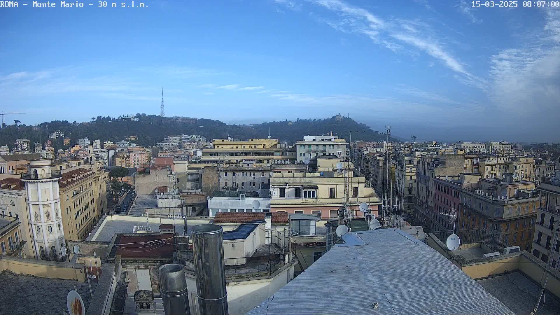 A mostly clear blue sky overlooks a cityscape of closely-packed buildings, with a hill in the distance.