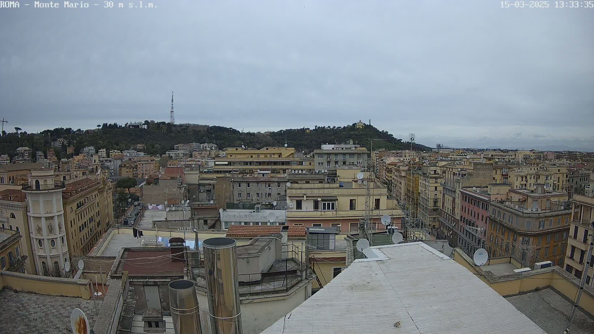 A cityscape view on an overcast day shows many multi-story buildings, with a hill in the background.