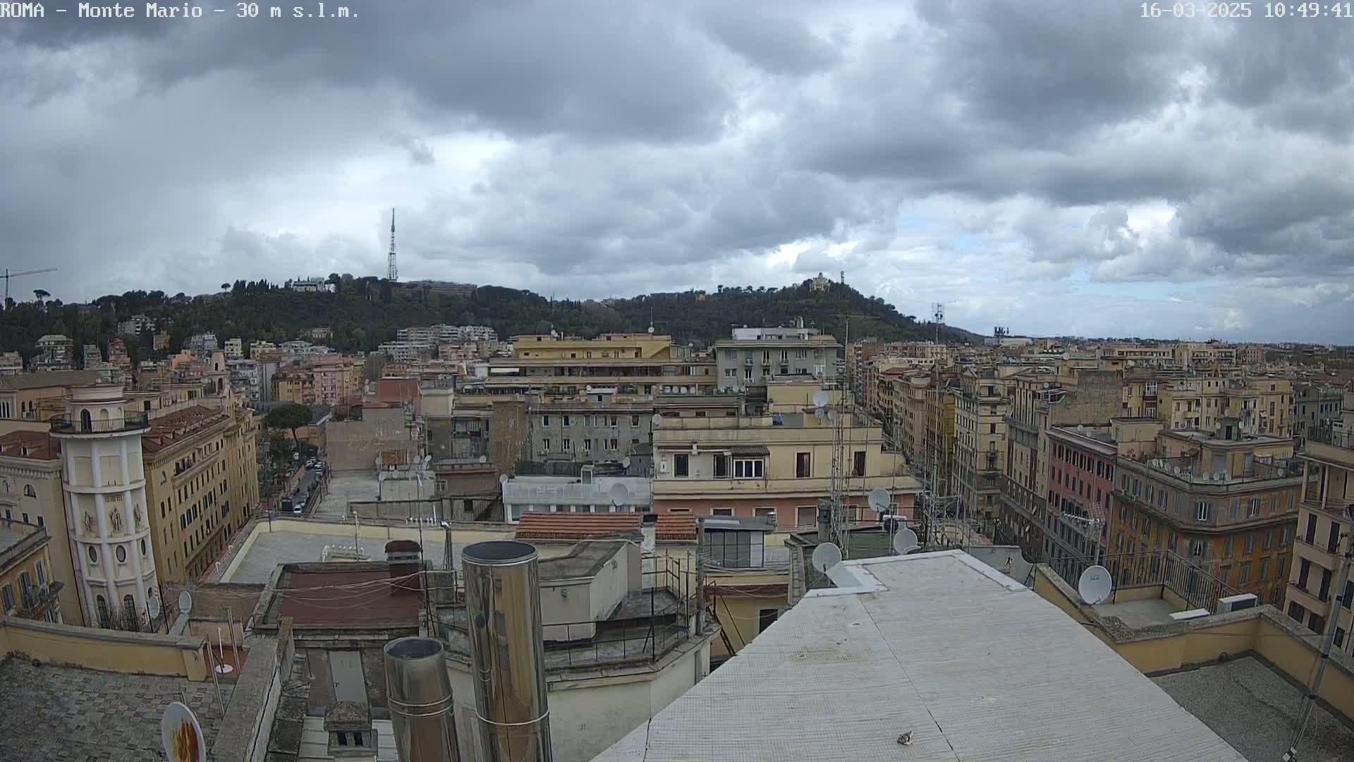 A panoramic rooftop view of a densely populated city under a cloudy sky shows numerous buildings, with a hill in the background.