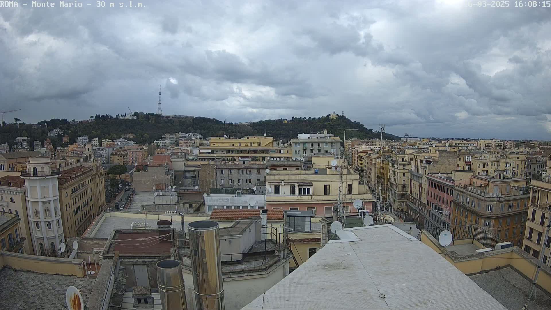 A cloudy day overlooking a cityscape of multi-story buildings, with a hill in the background.