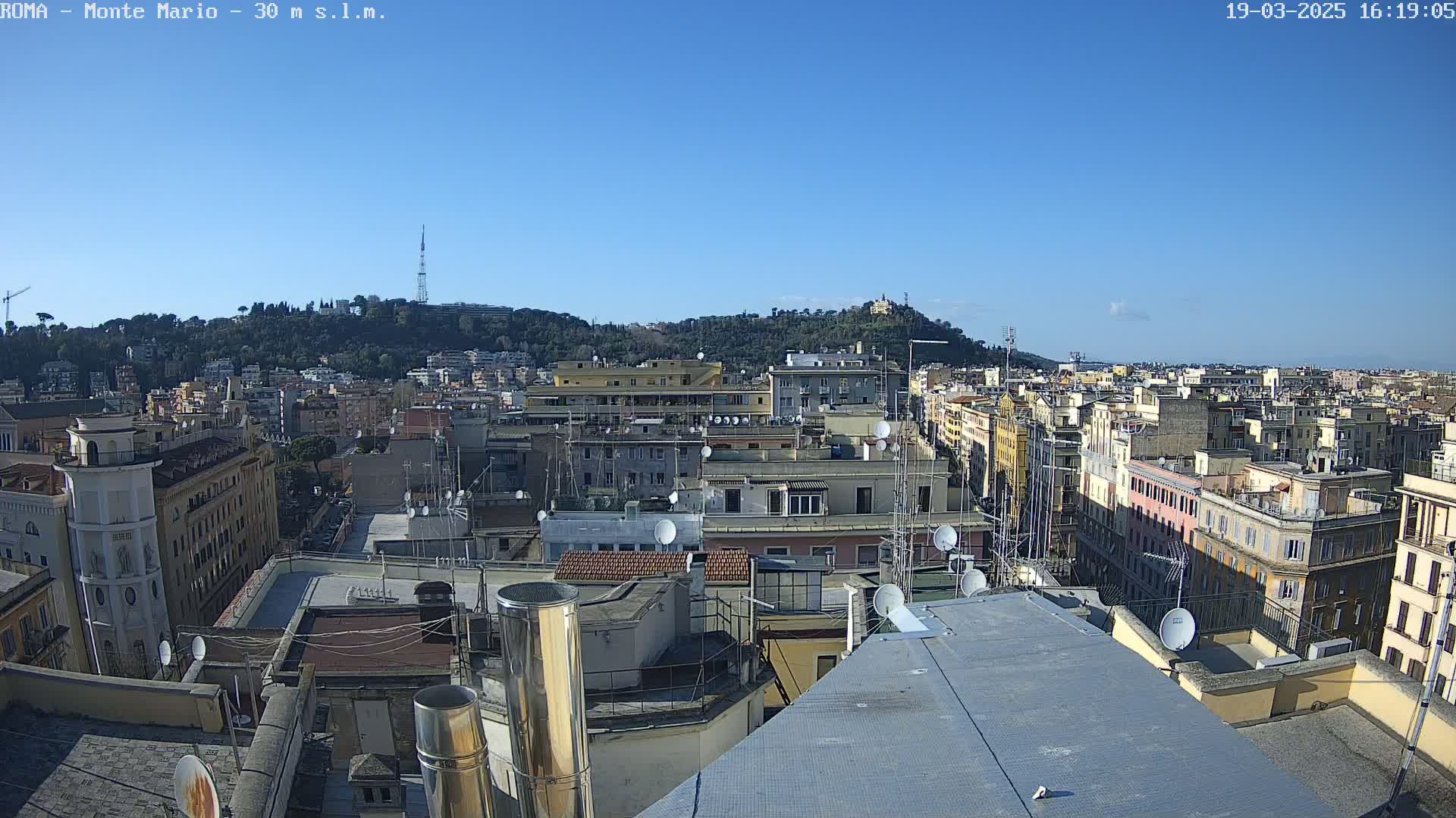 A clear, sunny day reveals a panoramic view of a city skyline, featuring numerous buildings, rooftops cluttered with satellite dishes and antennas, and a distant hill in the background.