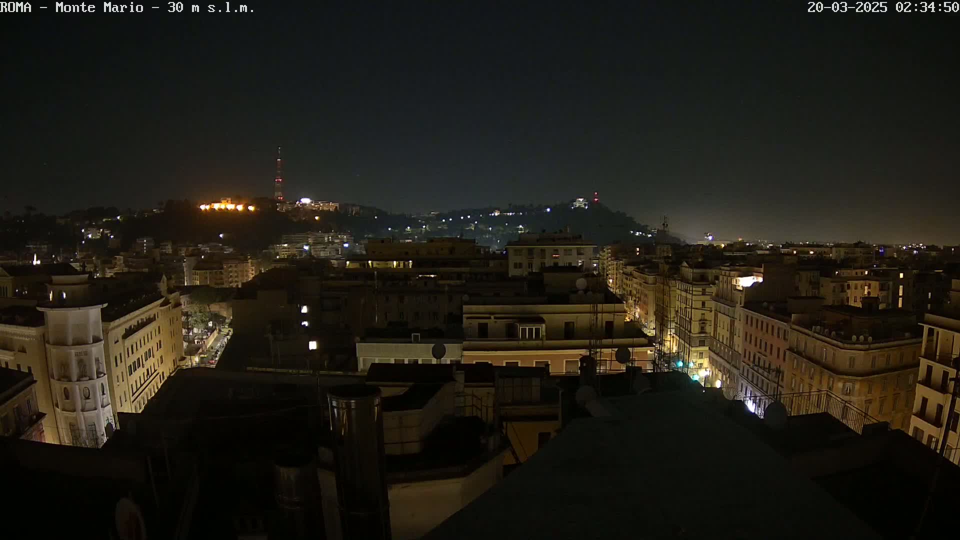 A nighttime view of a city, showing many buildings illuminated with streetlights, a hill in the distance, and a clear sky.