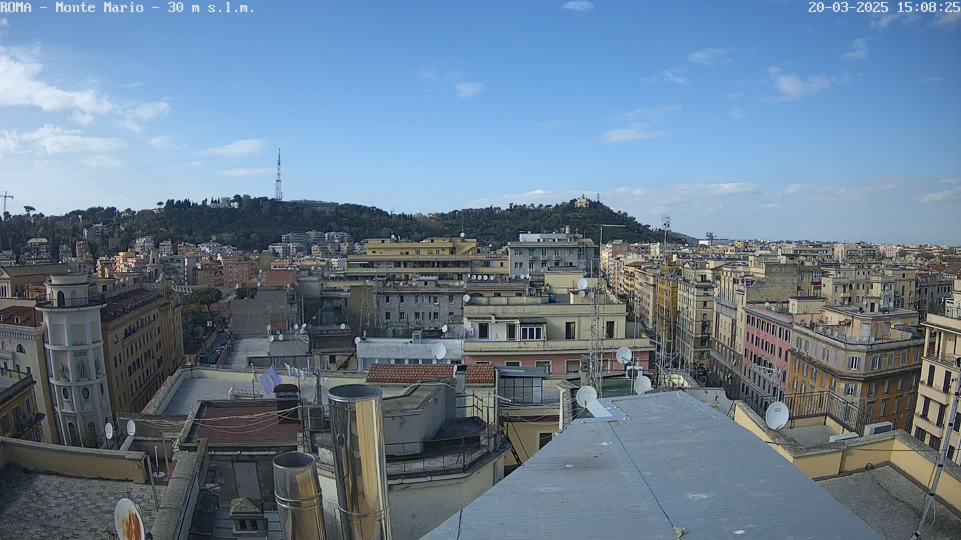 A mostly sunny cityscape view from a rooftop shows numerous buildings and a hill in the distance.