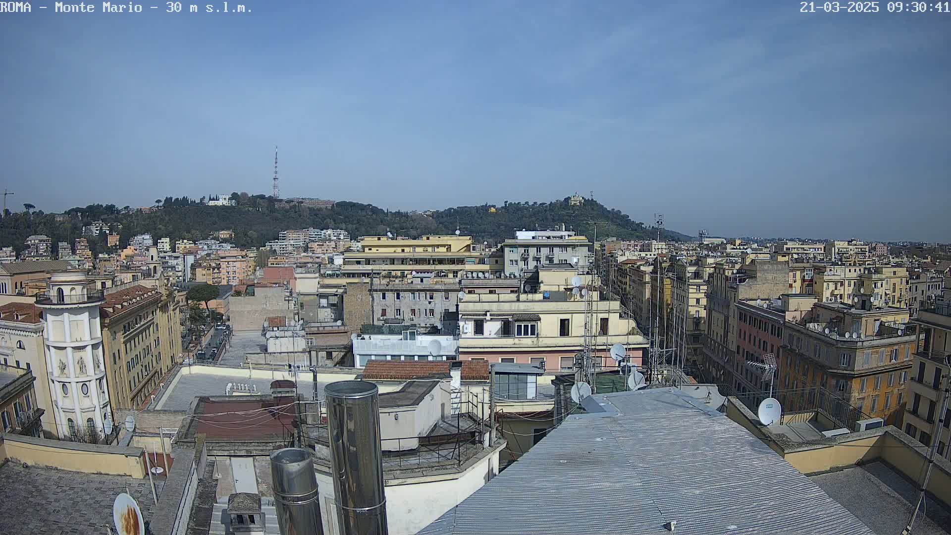 A rooftop view of a city on a clear, sunny day, showing numerous buildings and a hill in the distance.
