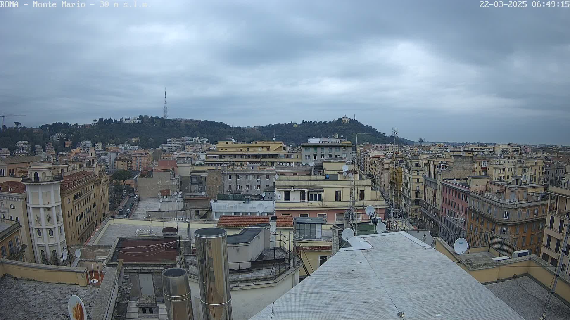 A city skyline under a cloudy sky, showing many buildings and a hill in the background.