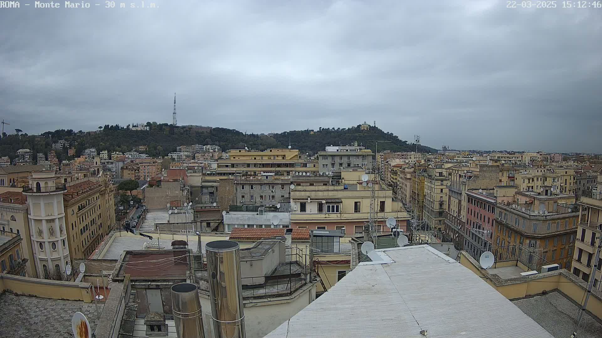 A panoramic view of a city under a cloudy sky, showing numerous buildings, rooftops, and a hill in the distance.