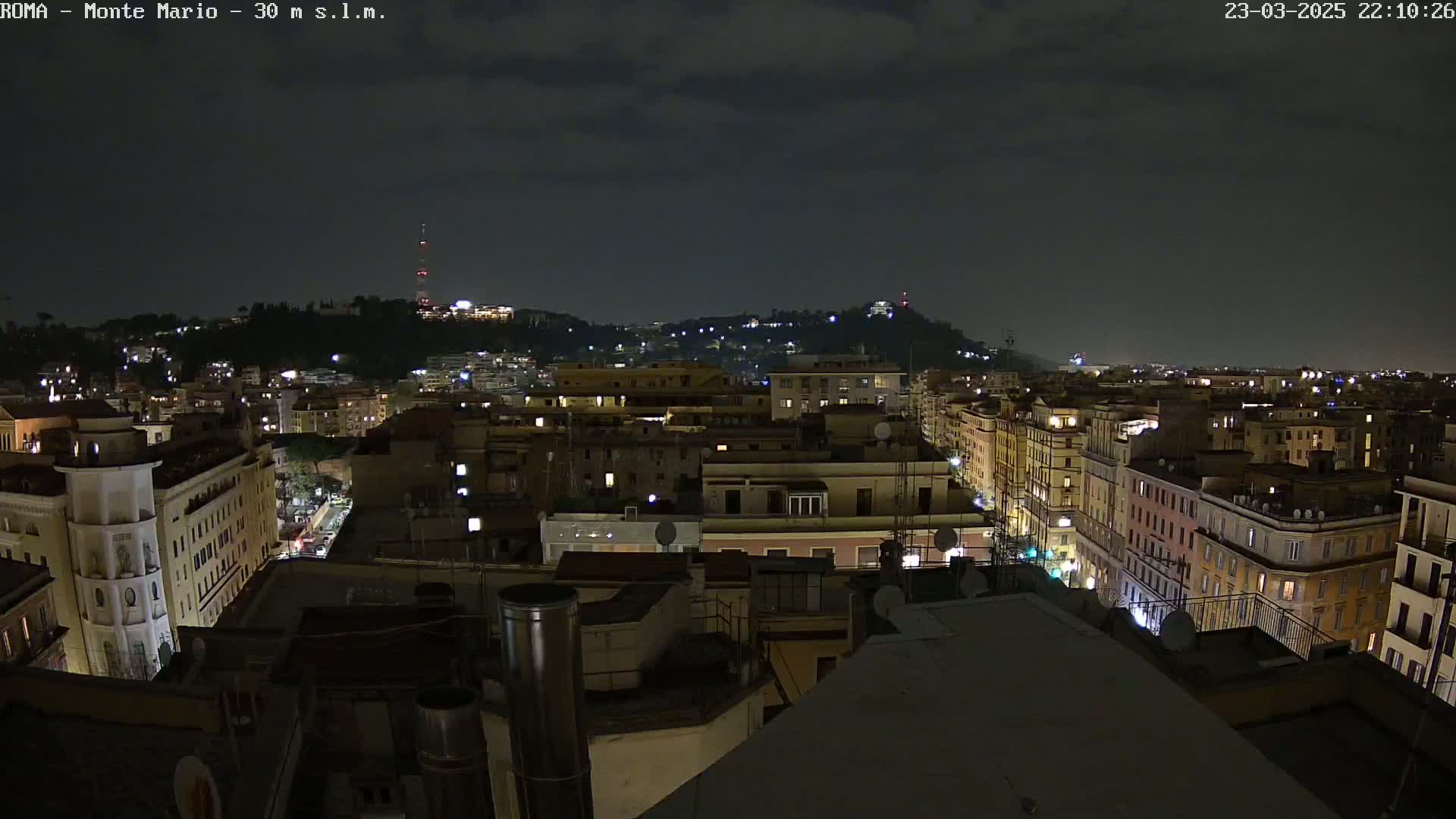 A nighttime view of a city illuminated by streetlights and building lights under a partly cloudy sky.