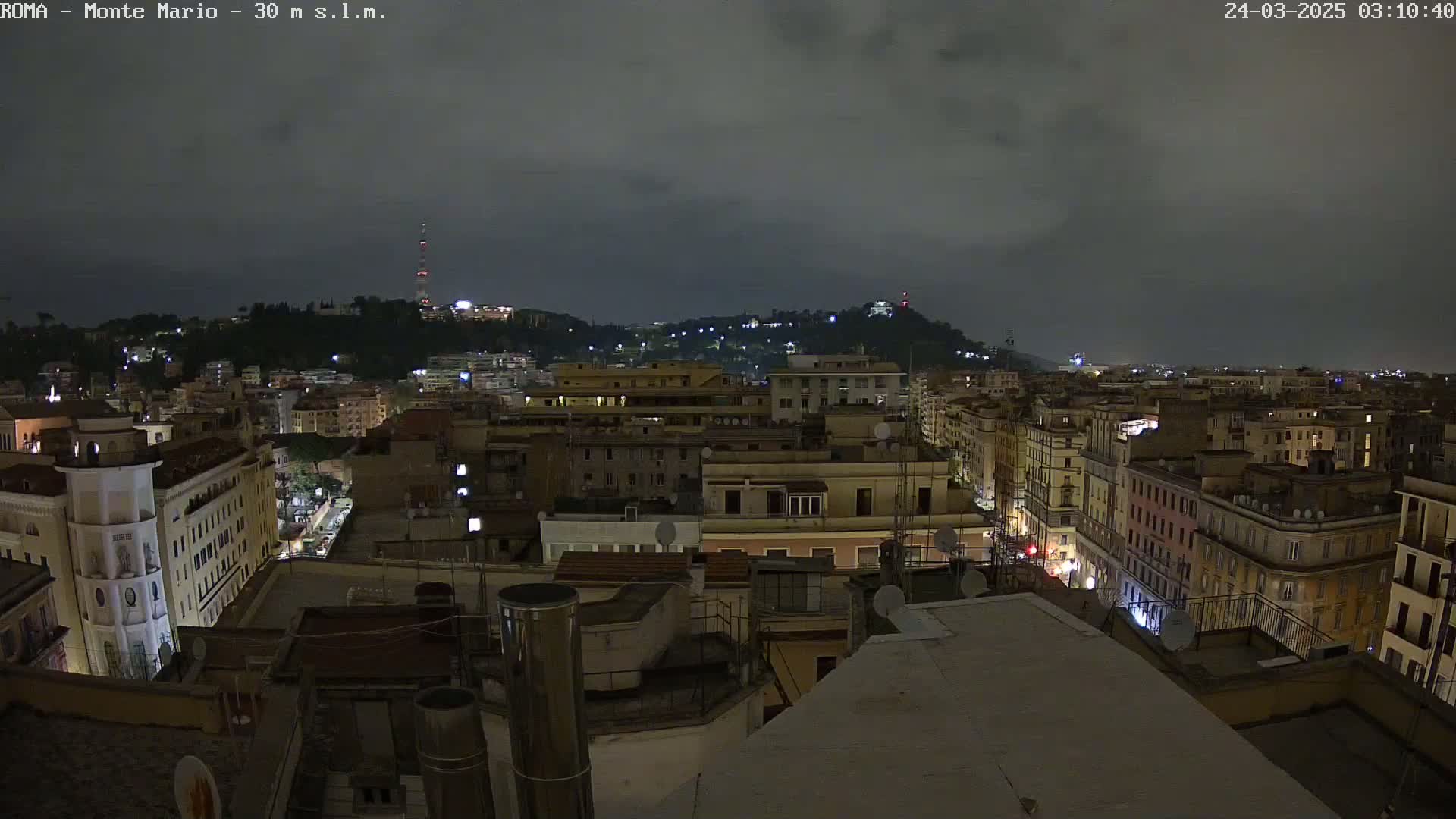 A nighttime view of a city illuminated under a cloudy sky, showing numerous buildings and a hill in the distance.