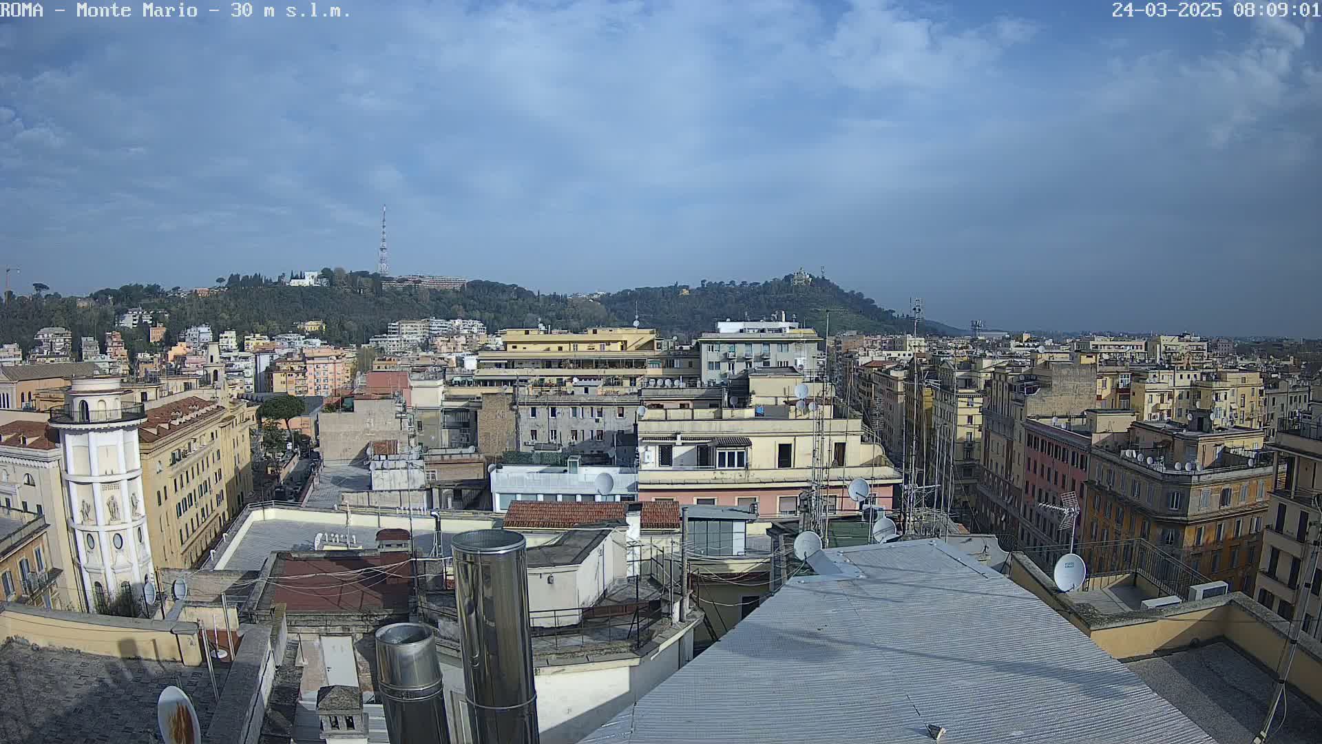 A rooftop view of a dense cityscape under a partly cloudy sky shows many buildings stretching to a tree-covered hill in the distance.