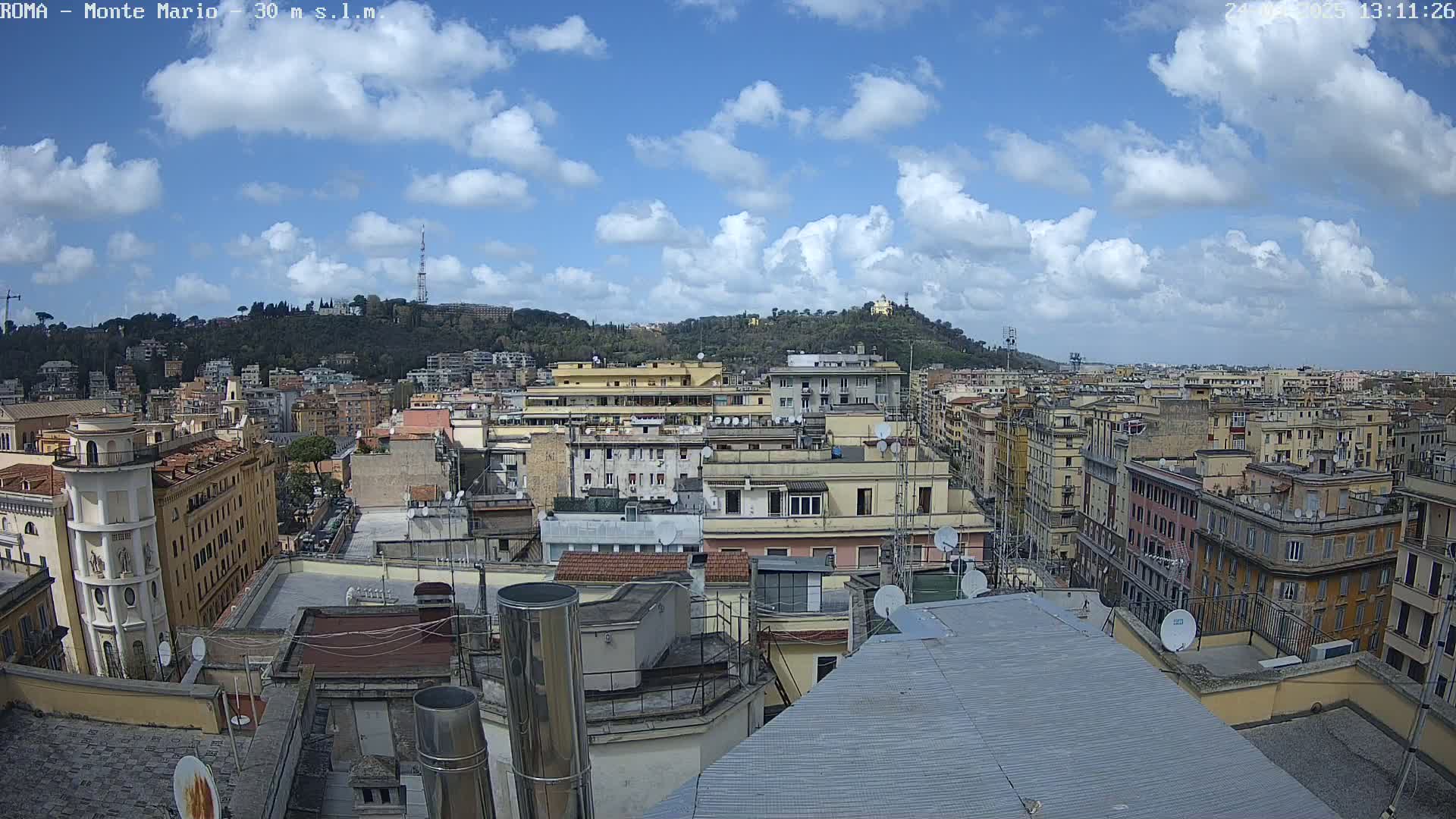 A panoramic rooftop view of a city under a partly cloudy sky shows numerous buildings, extending to a tree-covered hill in the distance.