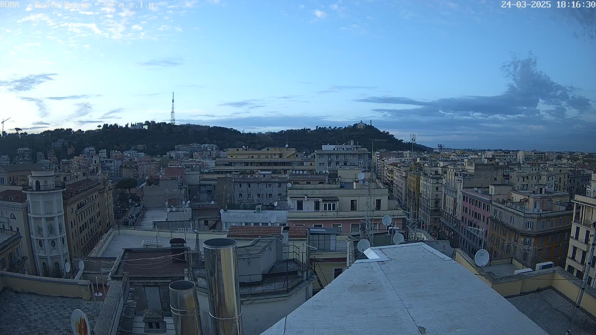 A rooftop view of a city under a partly cloudy, twilight sky shows numerous buildings stretching to a hill in the distance.