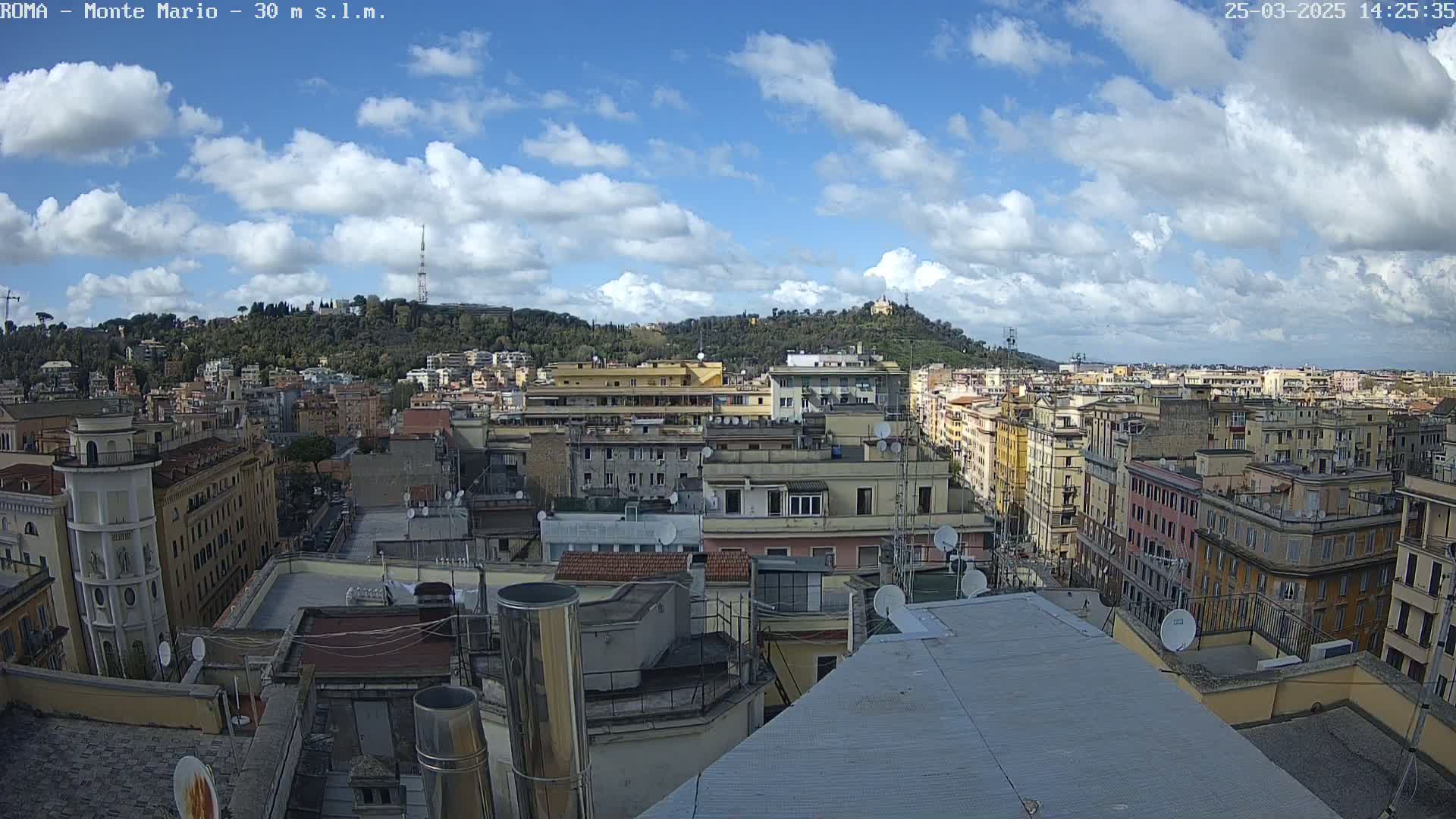 A partly cloudy day reveals a cityscape of multi-story buildings, with a tree-covered hill in the background.