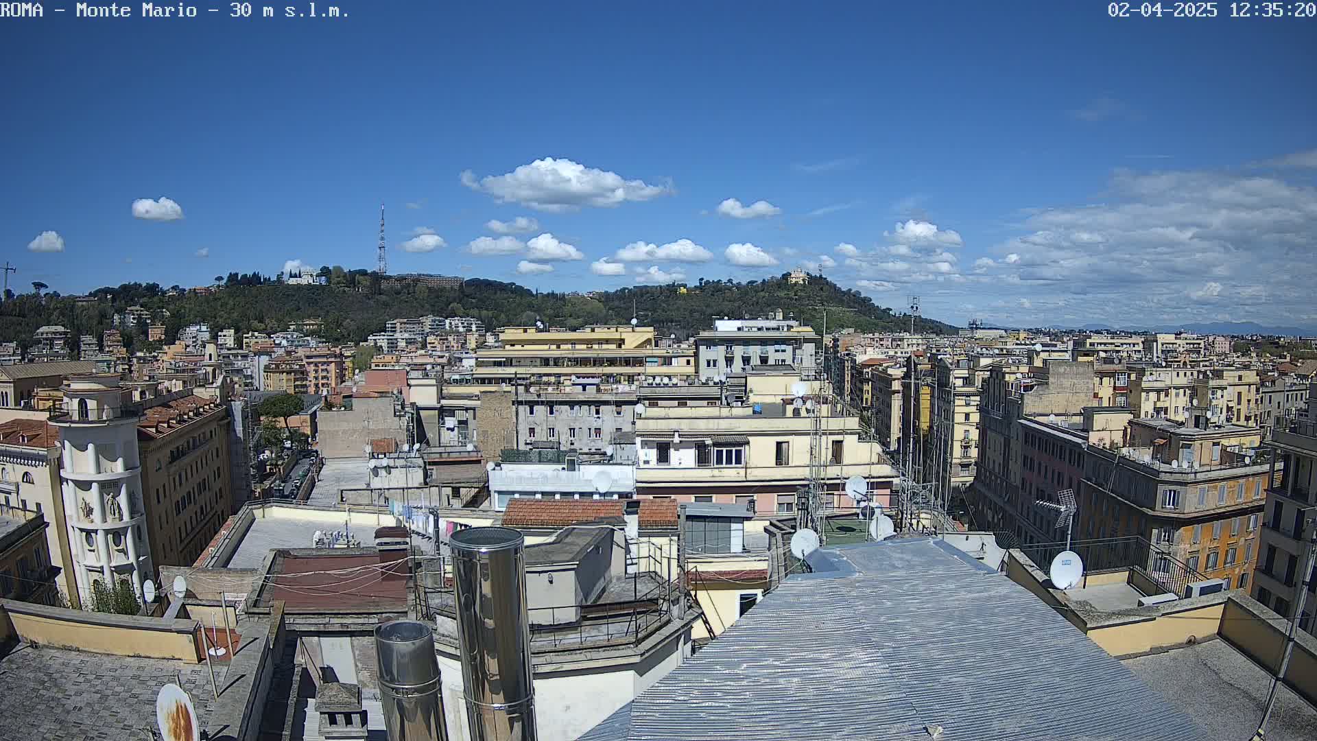 A panoramic view of a city under a mostly sunny sky with scattered cumulus clouds shows numerous buildings, rooftops, and a hill in the distance.