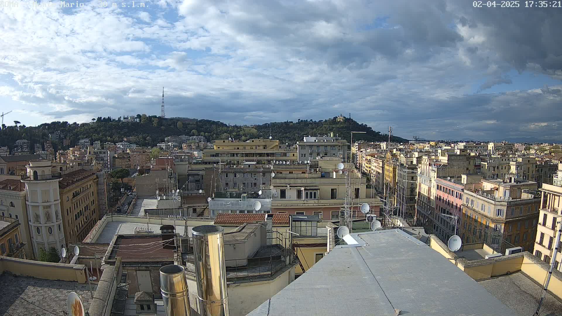 A cloudy daytime view from a rooftop shows numerous buildings in a city, with a hill covered in trees in the background.