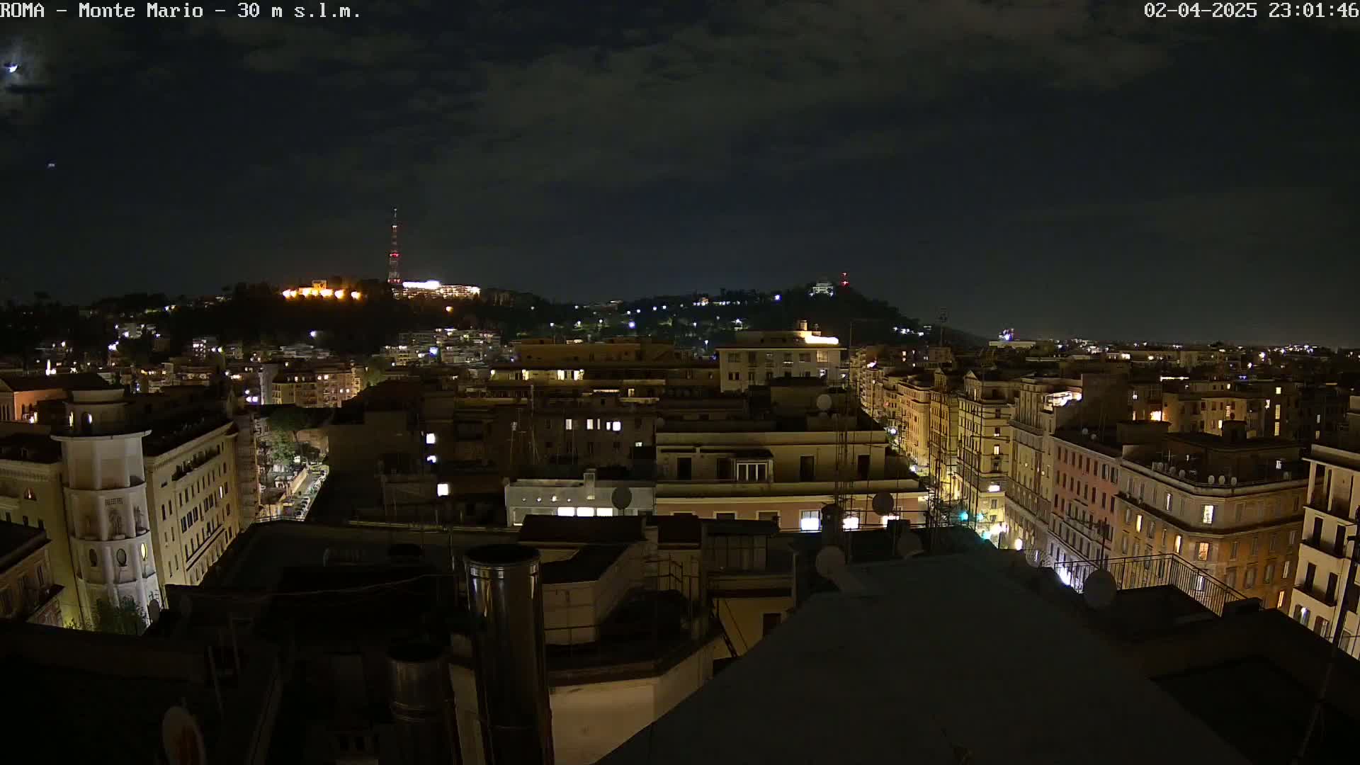 A nighttime view of a city, with a hilltop in the distance, under a partly cloudy sky.