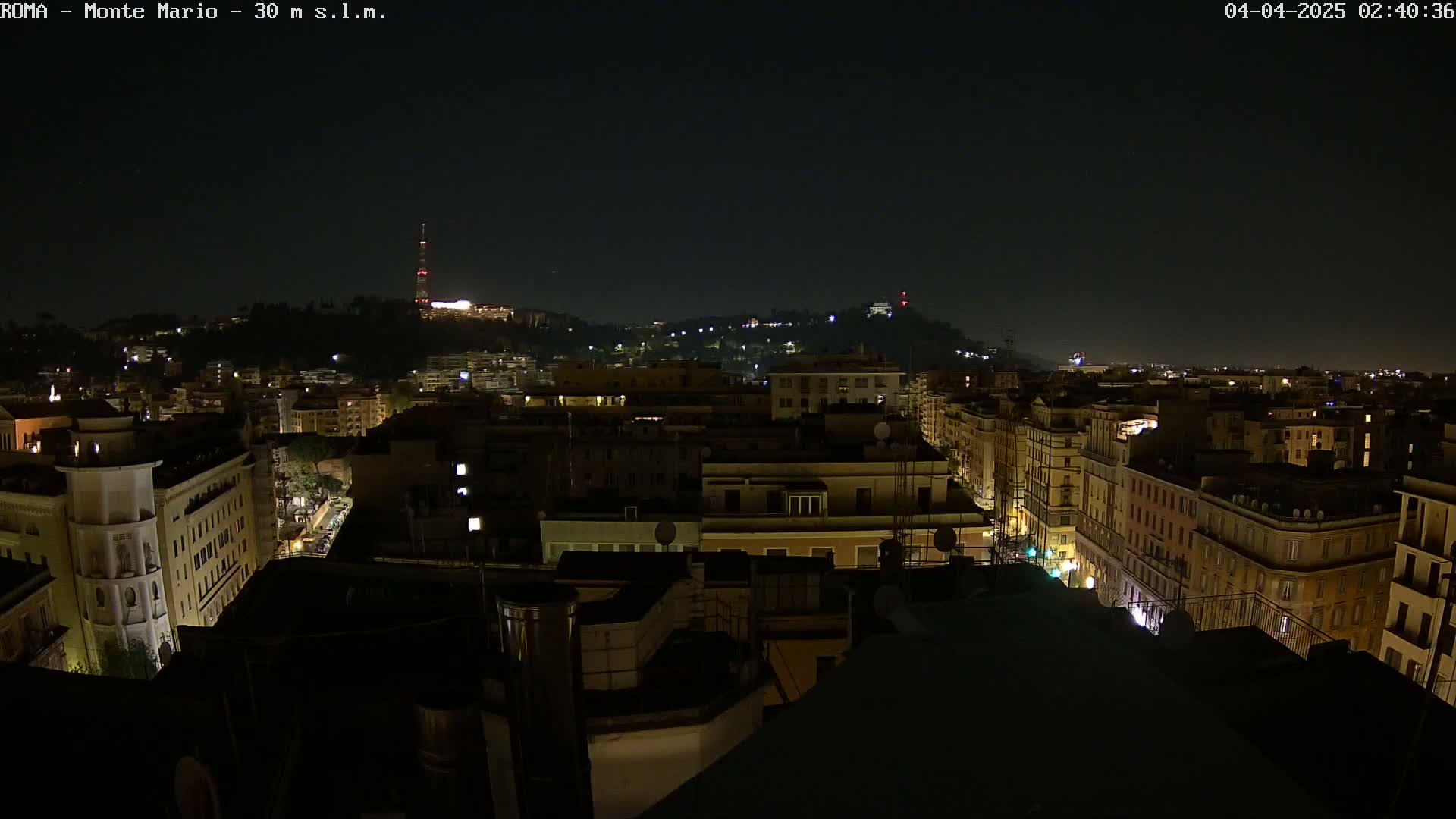A nighttime, high-angle view of a city, showing illuminated buildings and streets, with a hill in the distance.