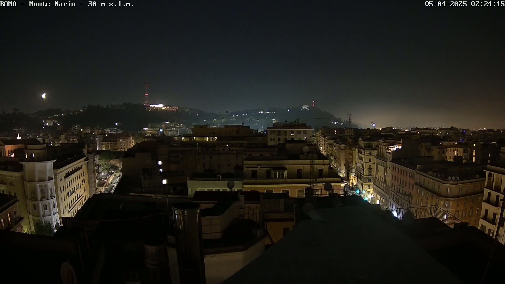 A nighttime cityscape view of a city with dimly lit buildings and streets, under a dark, clear sky.