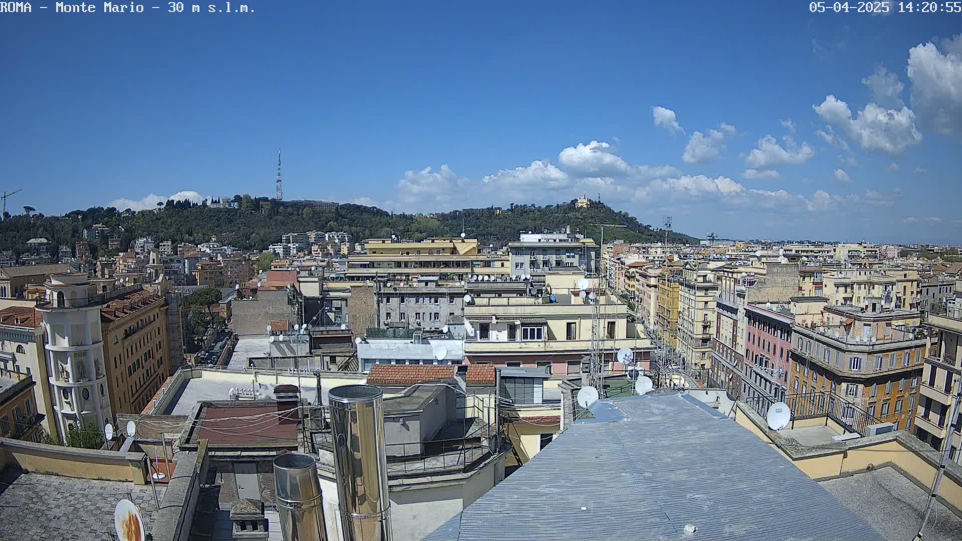 A mostly sunny day reveals a cityscape of closely-packed buildings, many topped with satellite dishes, and a distant hill covered in trees.