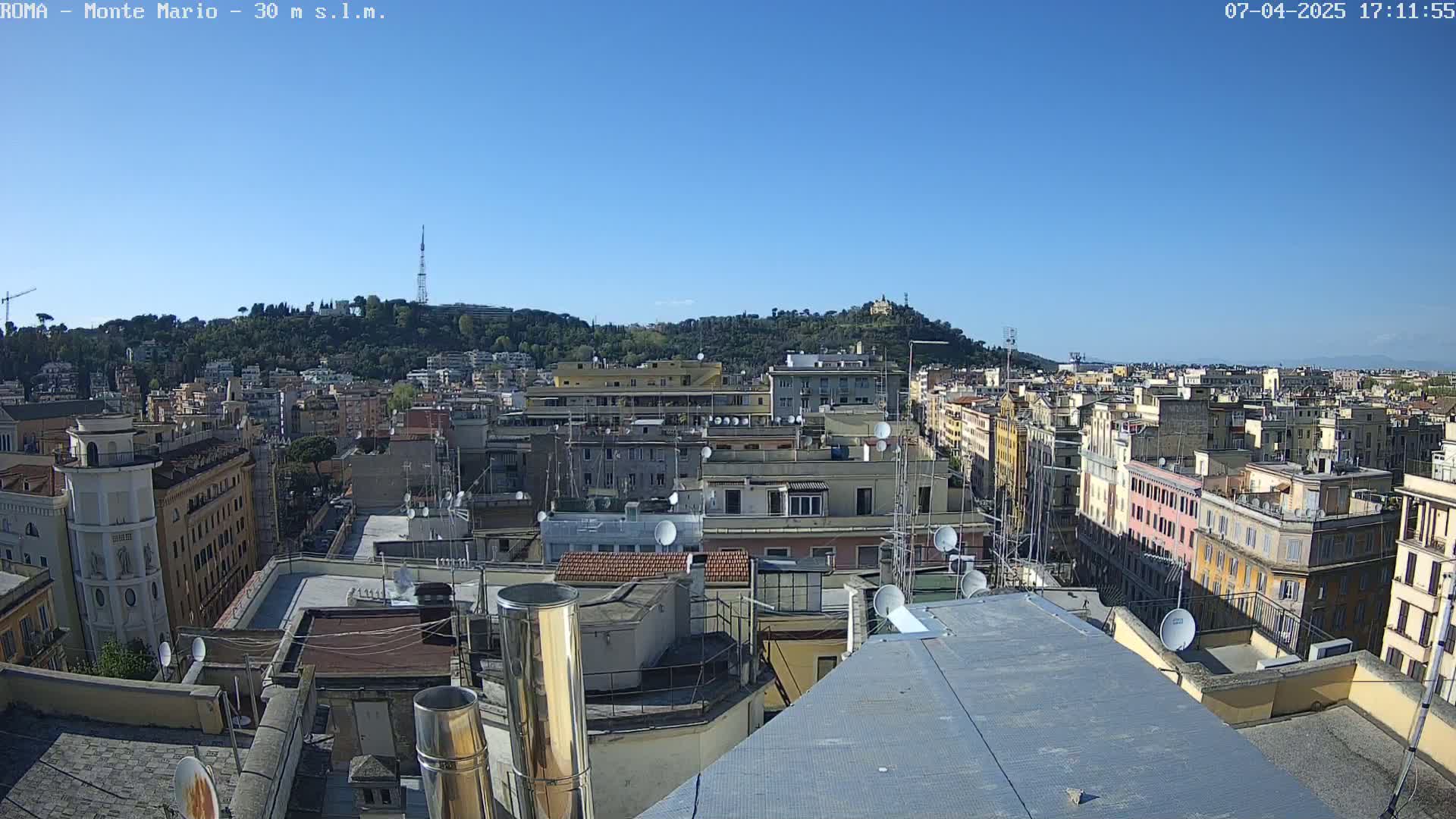 A rooftop view of a city under a clear blue sky, showing numerous buildings and a hill in the distance.