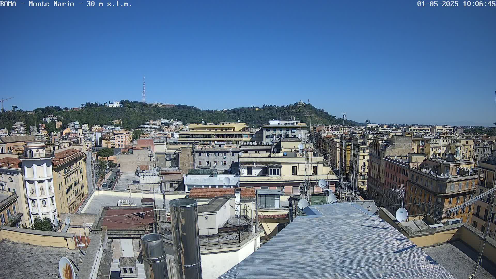 A rooftop view of a densely populated city under a clear blue sky, showing numerous buildings and a hill in the distance.
