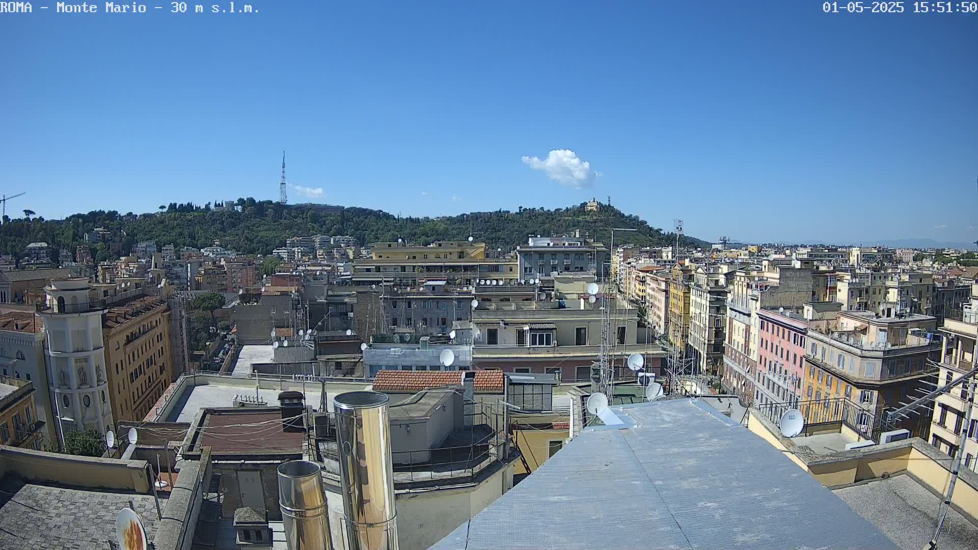 A rooftop view of a city under a clear blue sky with a few clouds, showing many buildings and a tree-covered hill in the background.