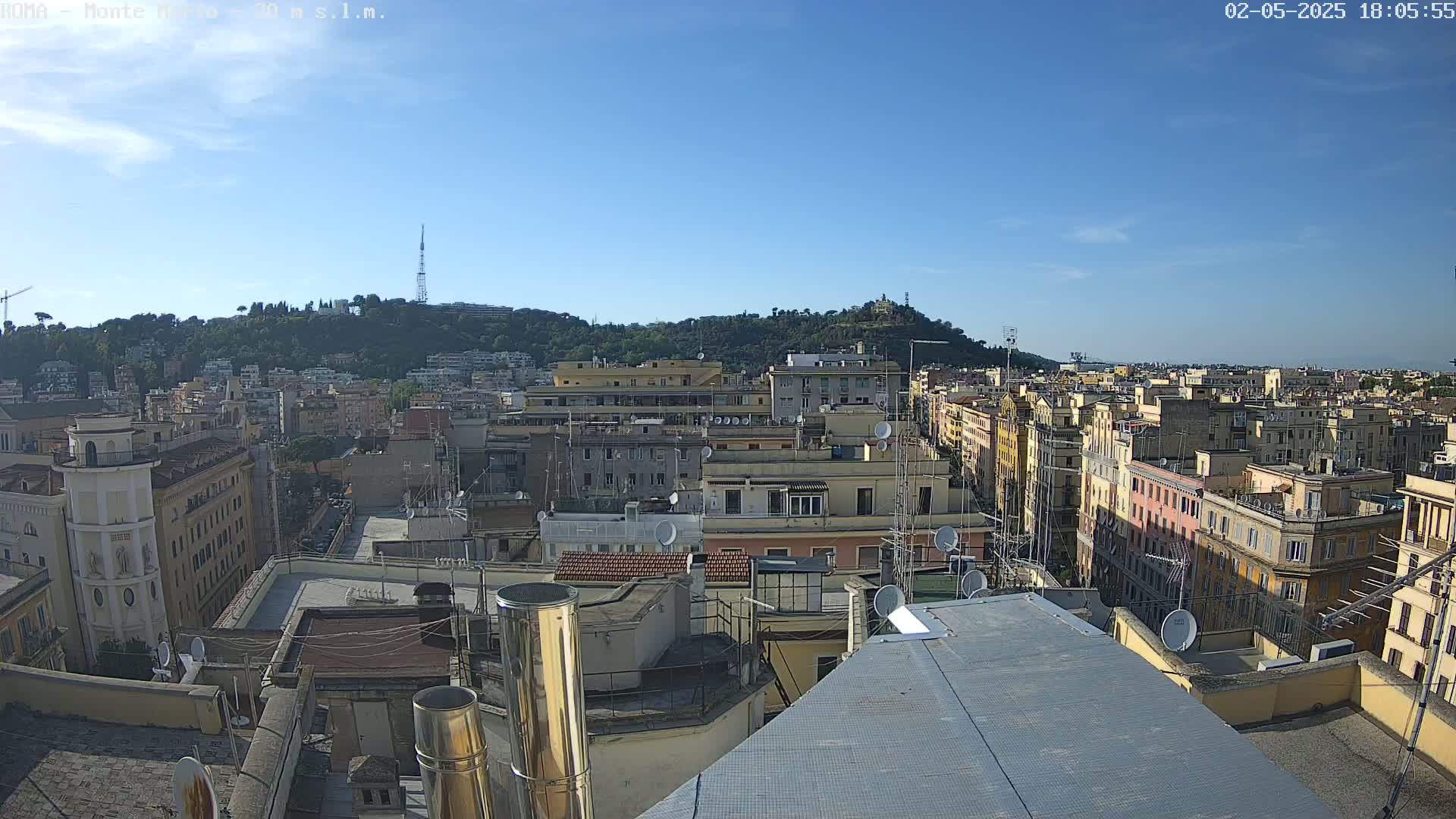 A cityscape of multi-story buildings under a clear blue sky, with a hill covered in trees in the background.