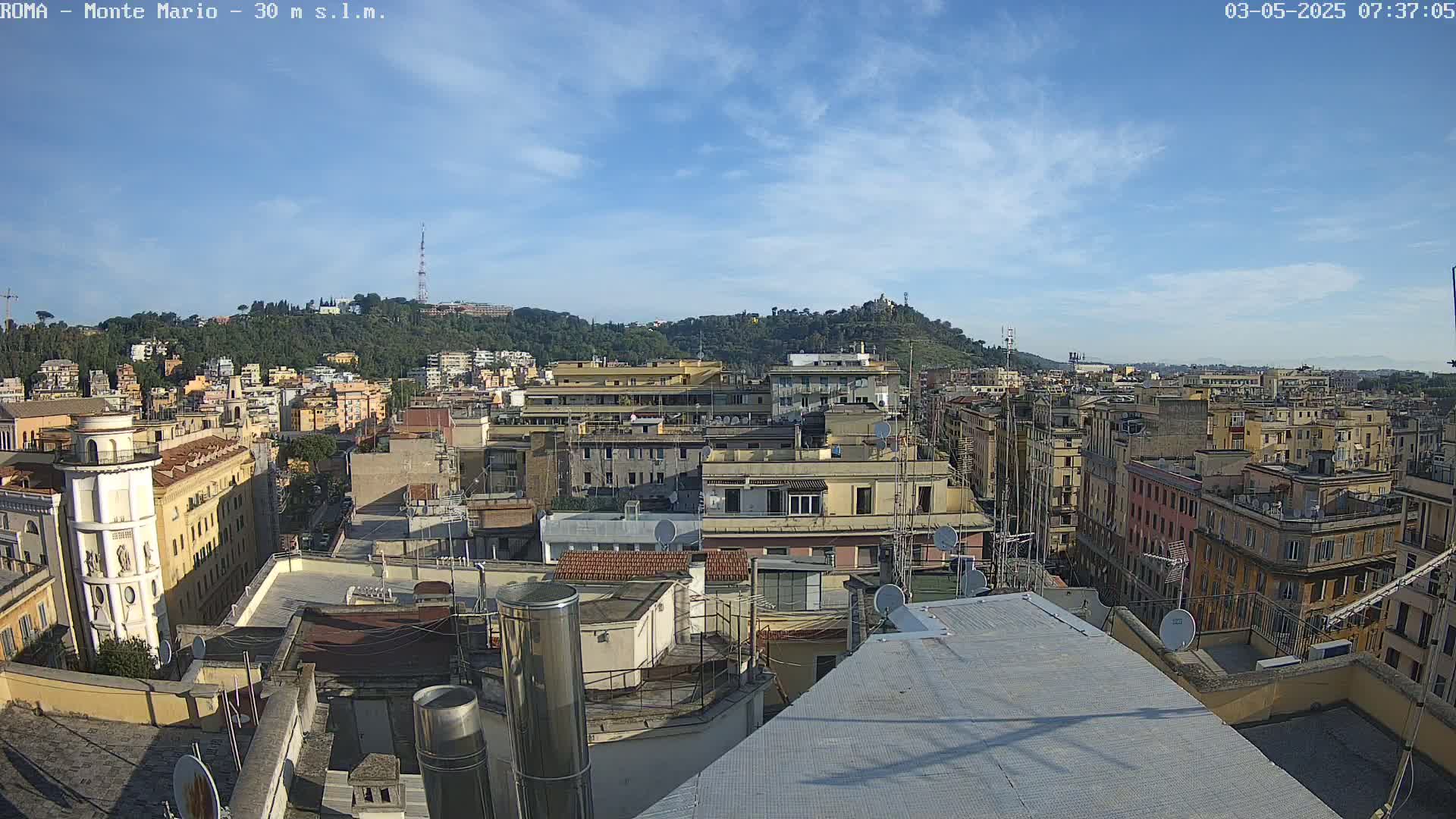 A rooftop view of a densely populated city under a mostly clear, bright sky, with a hill covered in vegetation in the background.