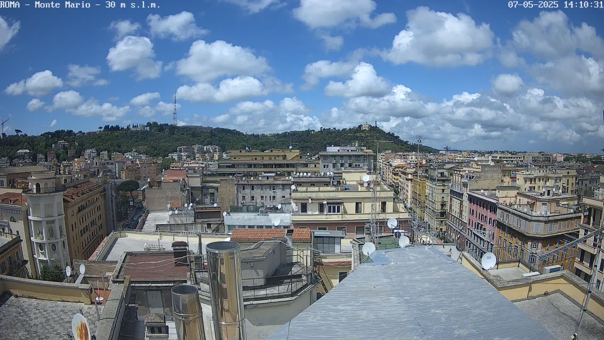 A partly cloudy sky overlooks a dense cityscape of multi-story buildings, with a hill covered in trees in the background.