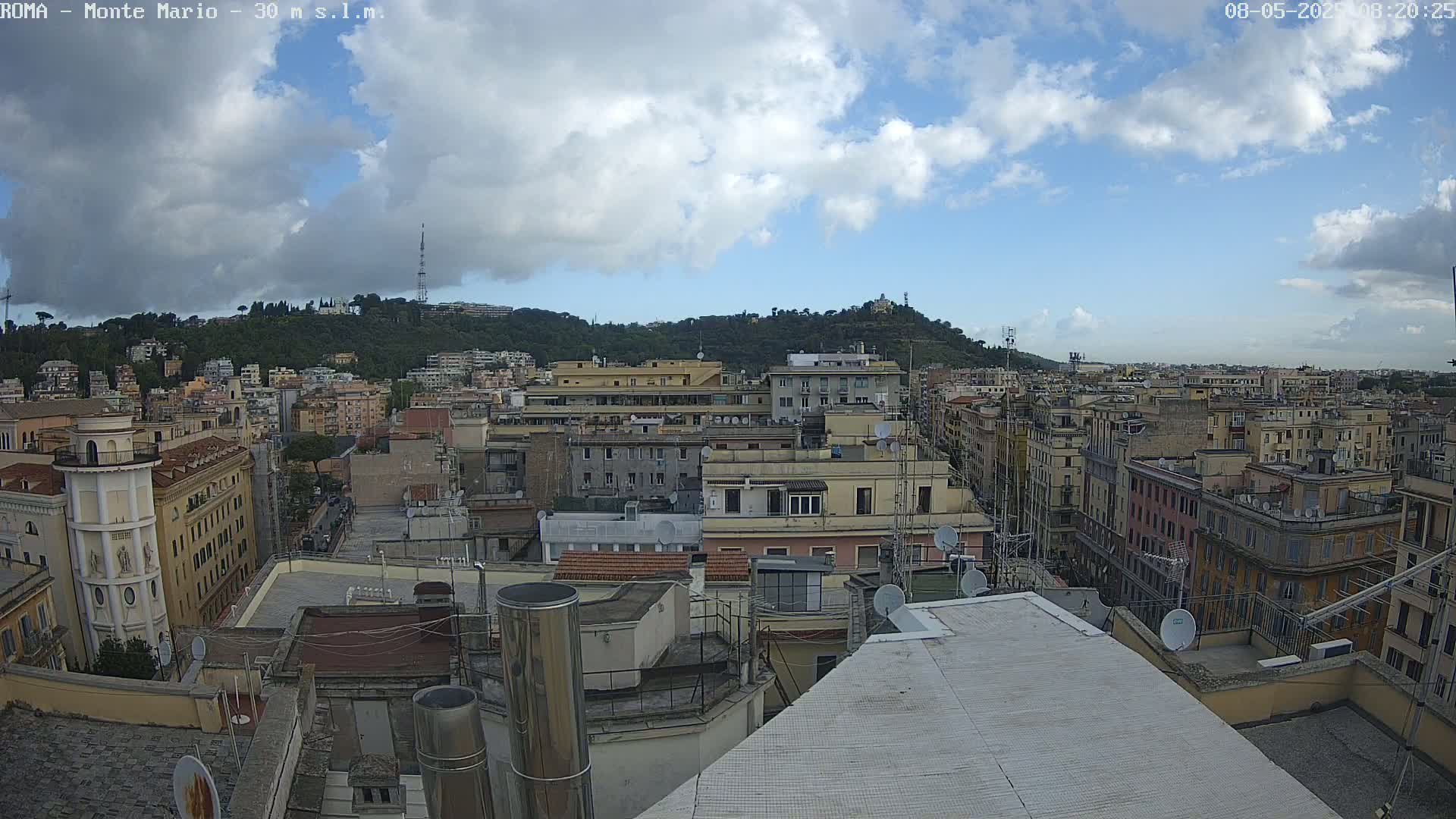A partly cloudy sky overlooks a dense cityscape of multi-story buildings, with a green hill in the background.