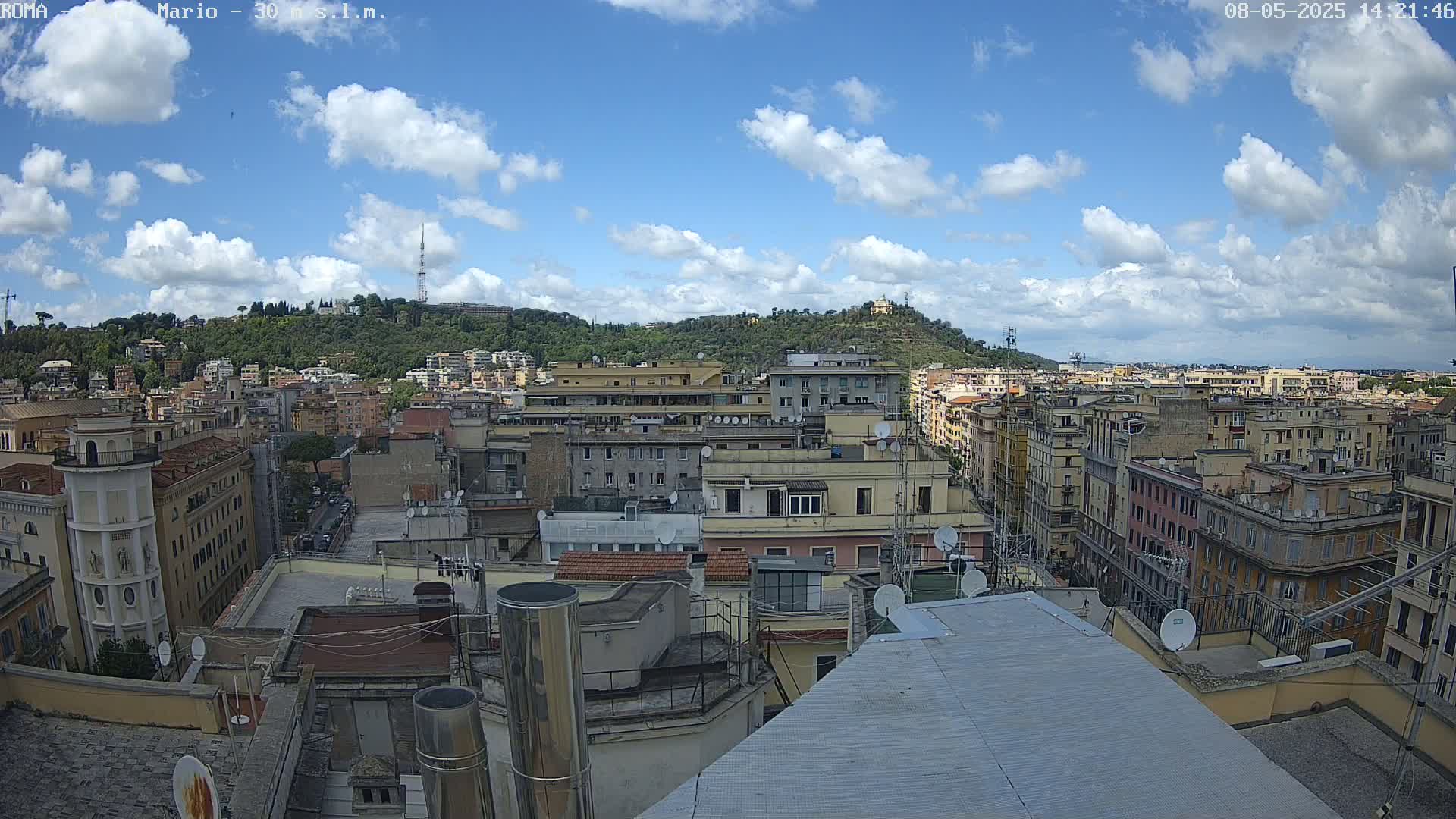 A partly cloudy day reveals a cityscape of densely packed buildings, with a tree-covered hill in the background.