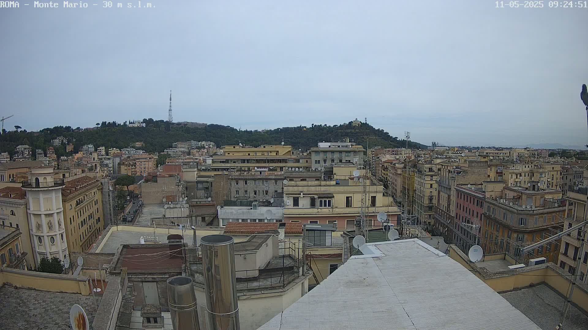 A cityscape view from a rooftop shows numerous buildings under an overcast sky.