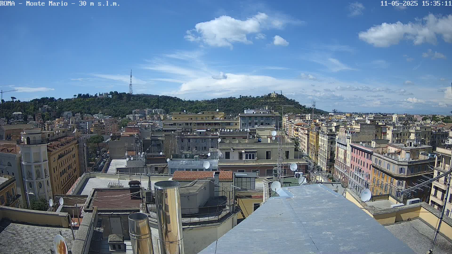 A sunny day reveals a cityscape of numerous buildings, rooftops dotted with satellite dishes, and a tree-covered hill in the background.