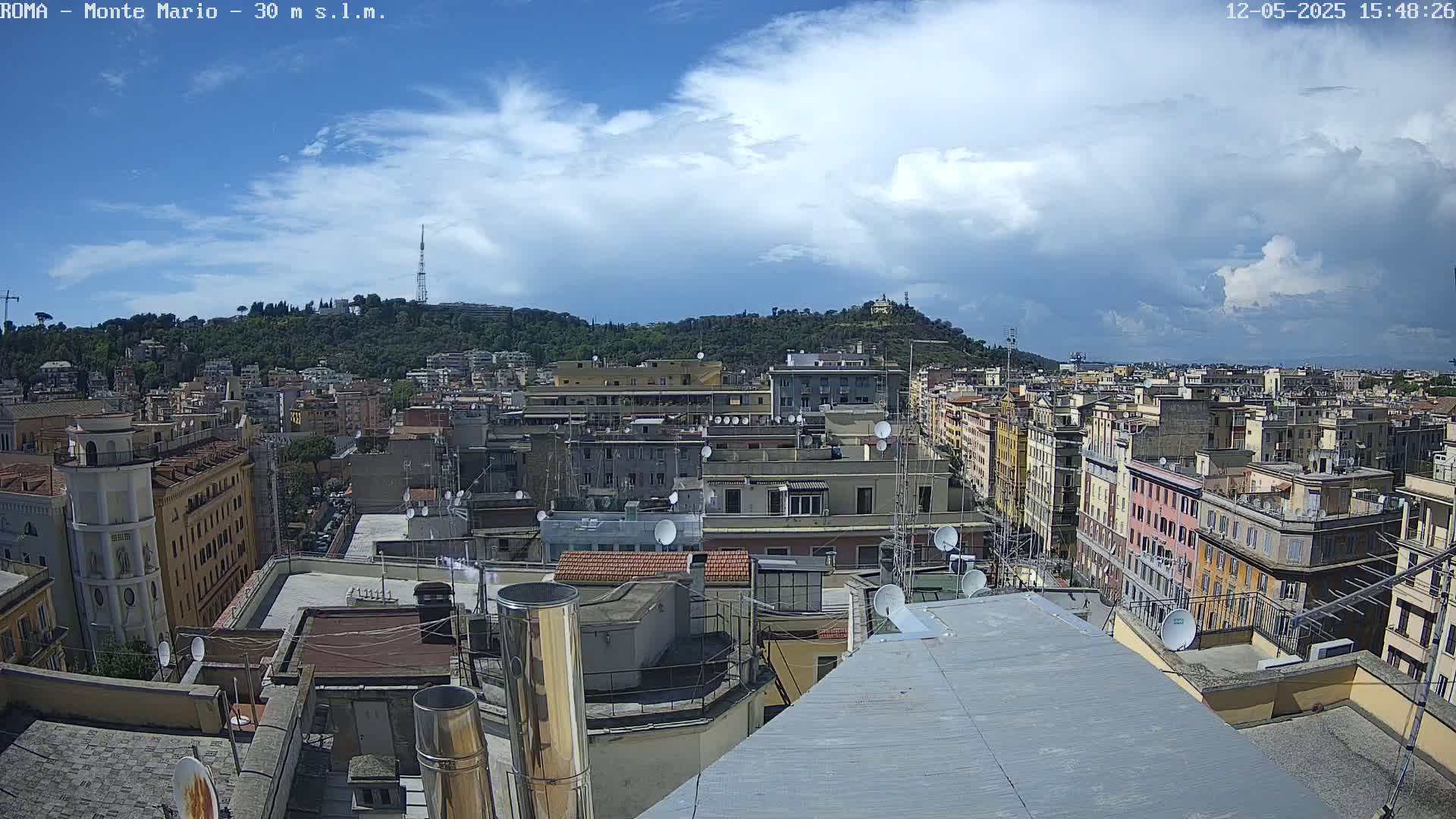 A partly cloudy sky overlooks a dense cityscape of multi-story buildings, with a tree-covered hill visible in the background.