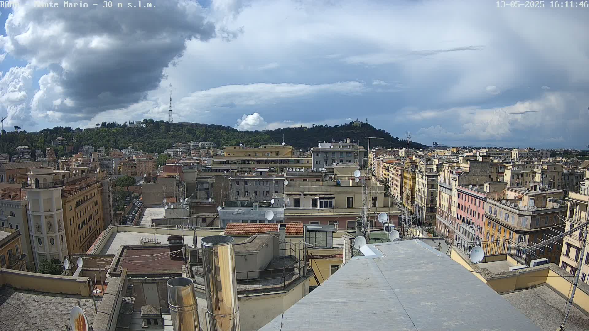 A panoramic rooftop view of a city under a partly cloudy sky shows numerous buildings and a hill in the distance.