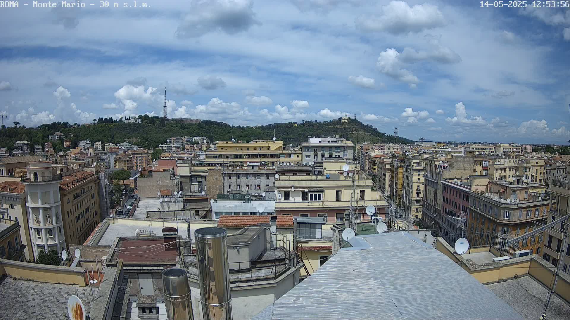 A partly cloudy sky overlooks a dense cityscape of multi-story buildings, with a hill covered in trees and buildings visible in the distance.