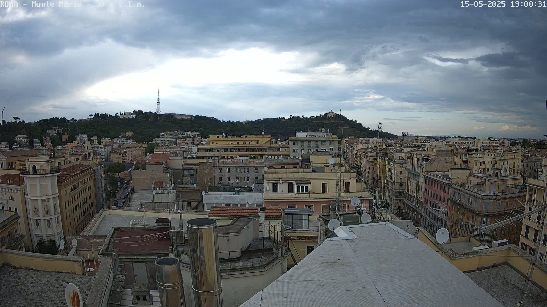 A cityscape of numerous buildings under a partly cloudy sky.