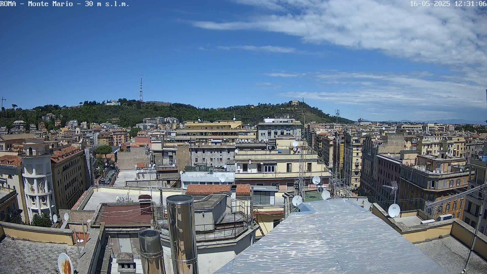 A panoramic rooftop view of a city under a mostly sunny sky with some scattered clouds, showing numerous buildings extending to a hill in the distance.