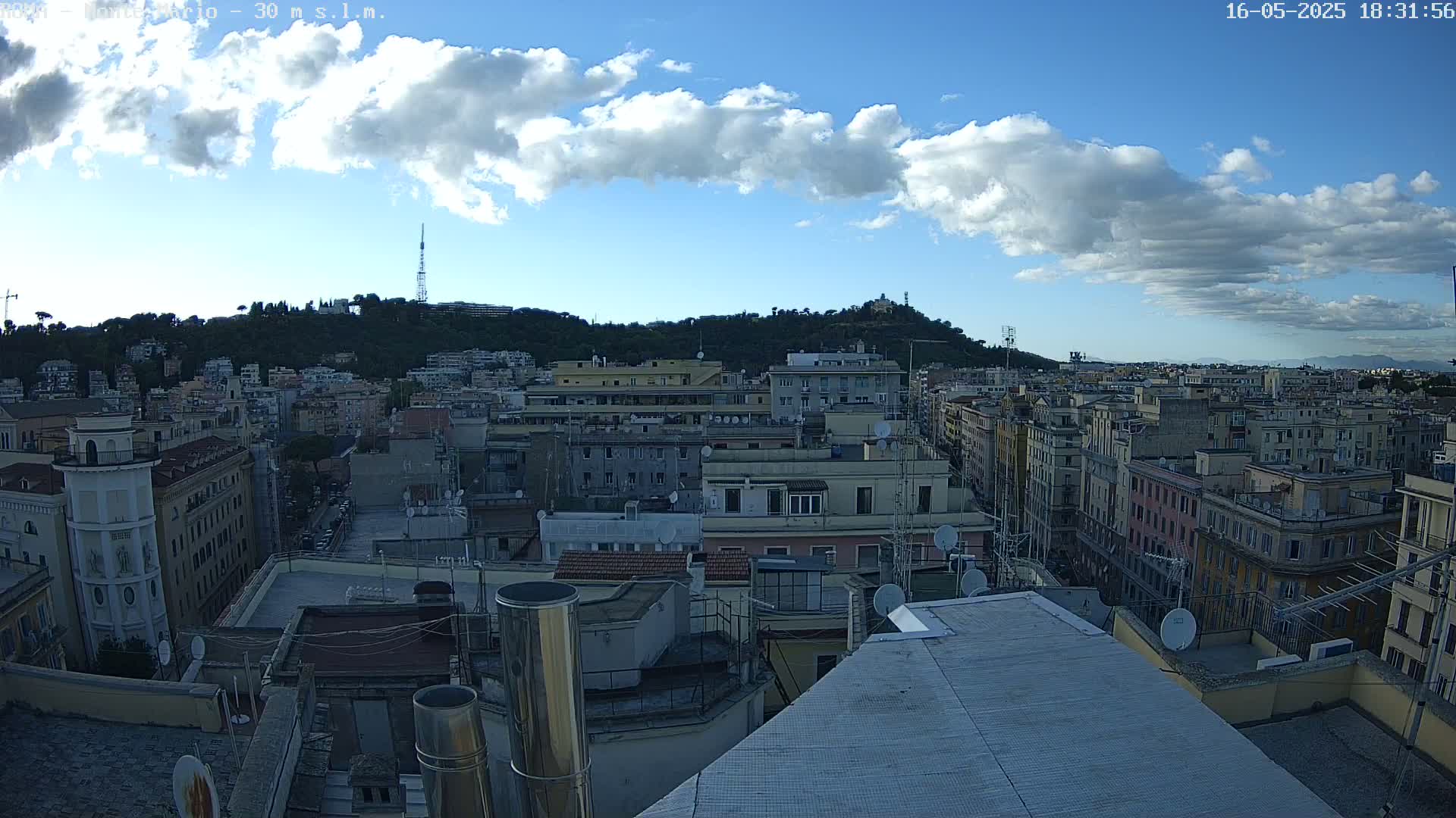 A partly cloudy daytime view of a densely populated city with buildings extending to a hill in the background.