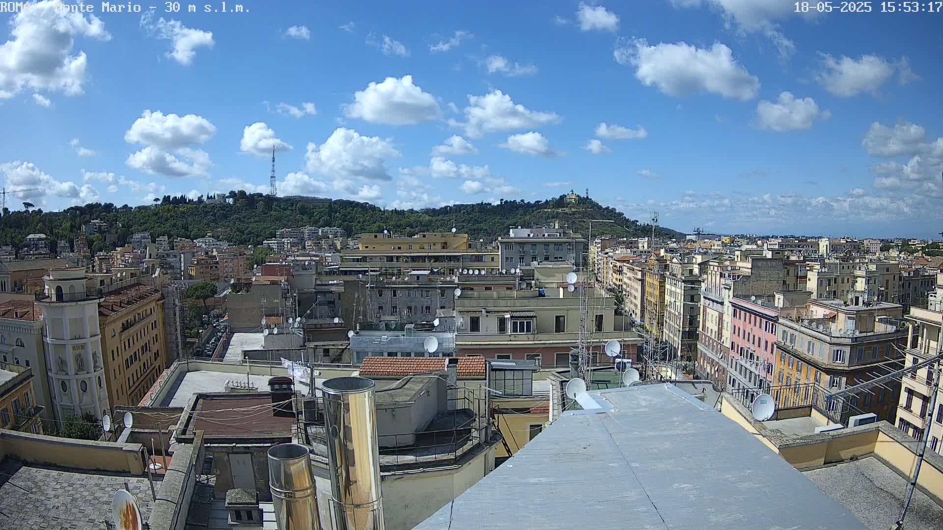 A partly cloudy sky overlooks a cityscape of multi-story buildings, with a hill covered in greenery visible in the distance.