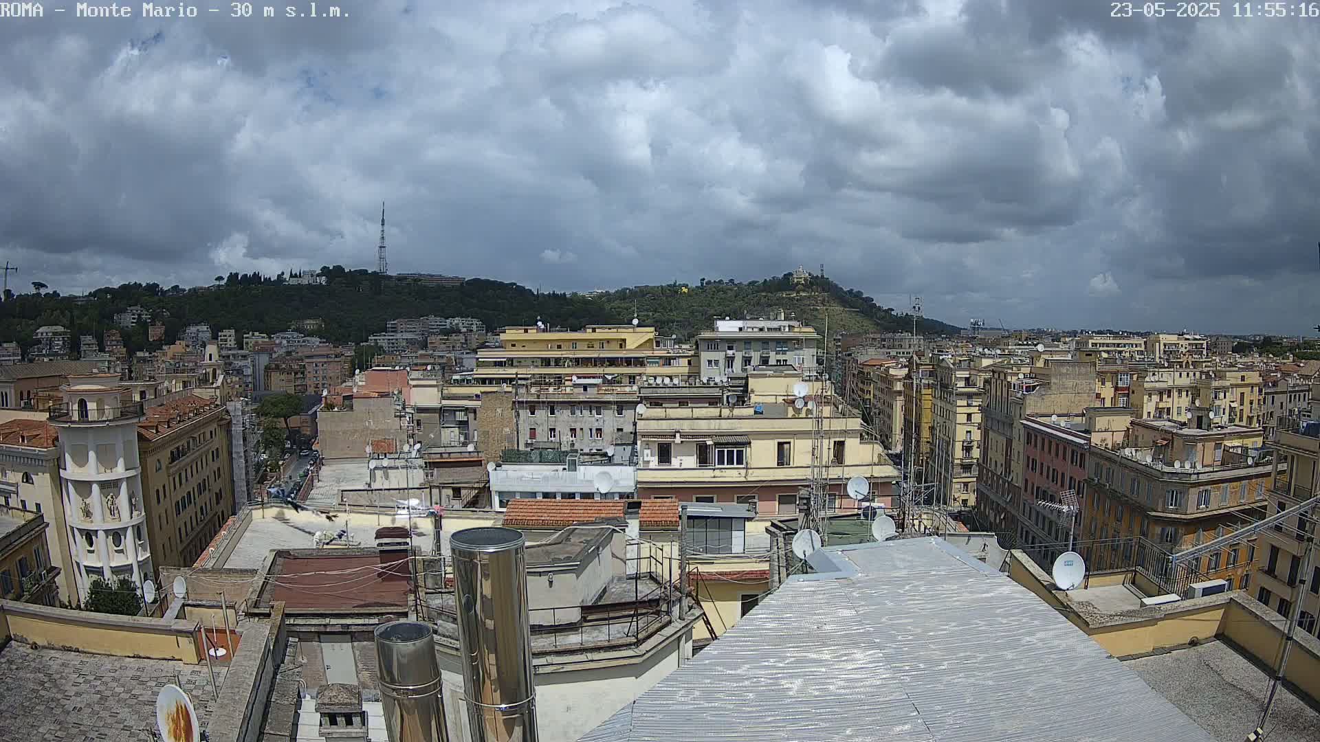 A city rooftop view shows a densely populated area under a cloudy sky.