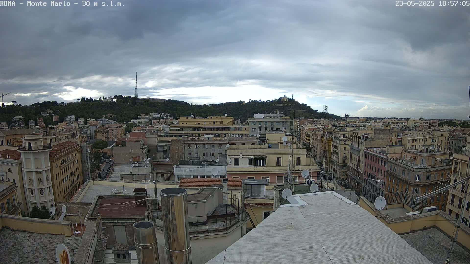 A rooftop view of a densely populated city under a cloudy sky shows numerous buildings extending to a hill in the distance.