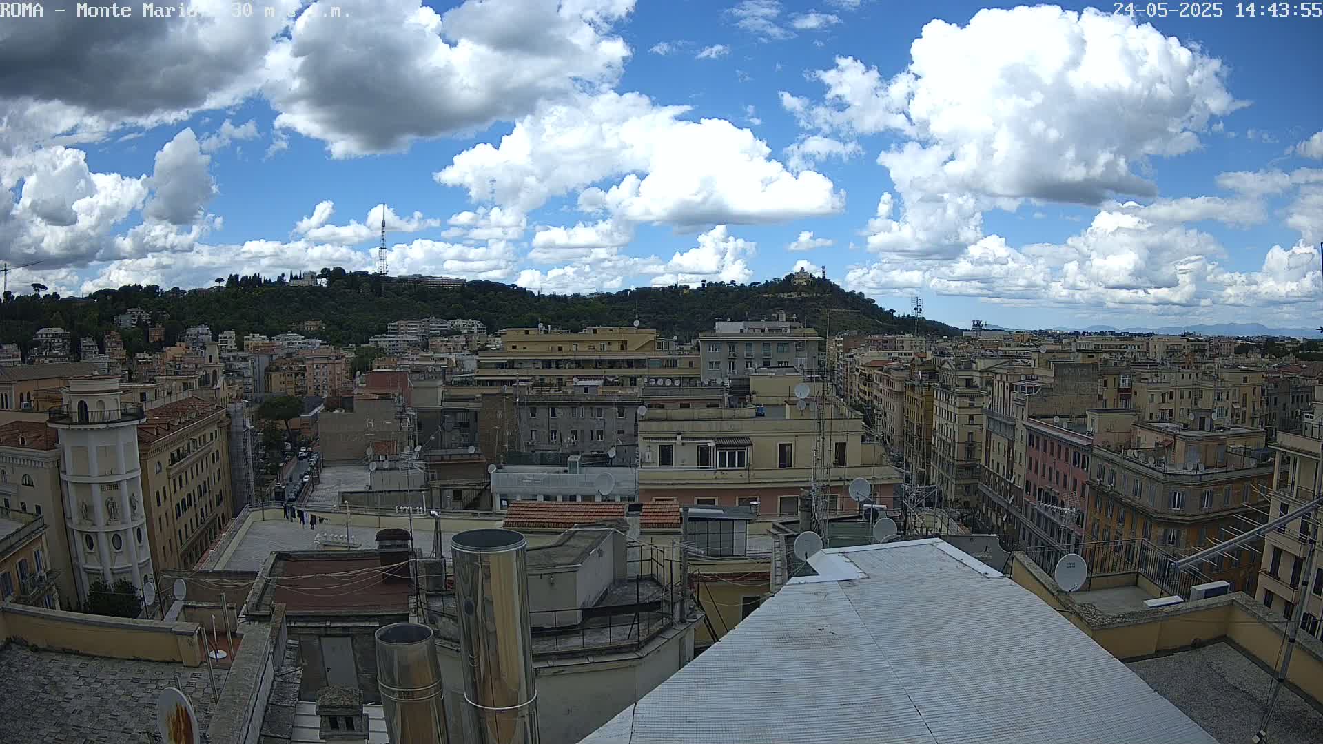 A partly cloudy sky overlooks a cityscape of numerous multi-story buildings, with a hill covered in greenery visible in the background.