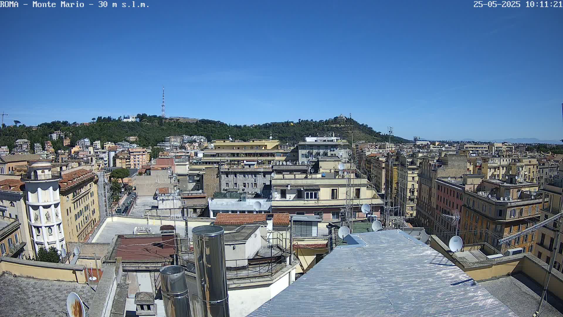 A rooftop view of a densely populated city on a clear, sunny day, showing numerous buildings extending to a hill in the distance.